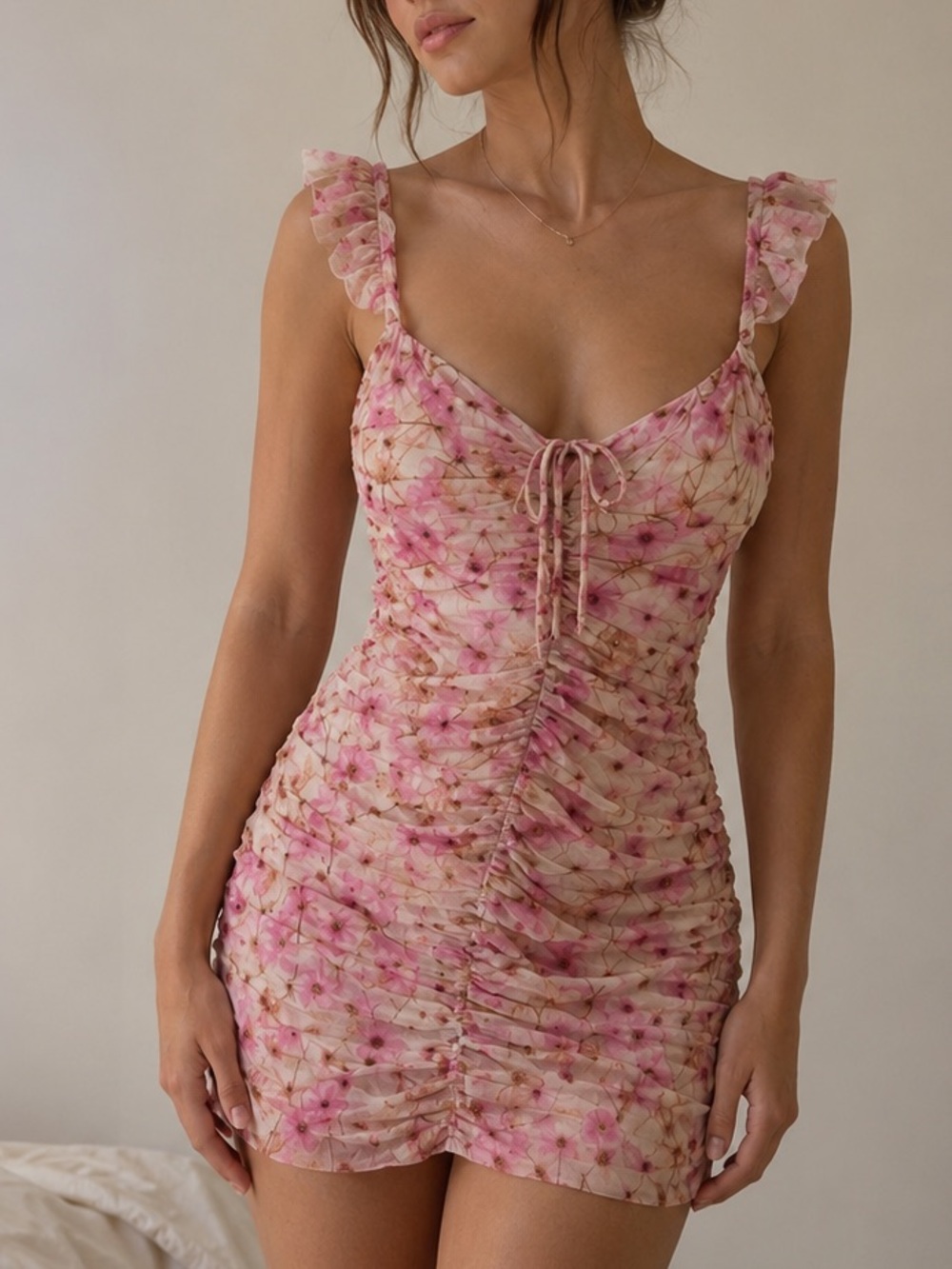 Fanco Pink Floral Ruched Mini‎ Dress Small Ruffle Tie Front Cottagecore Fairy
